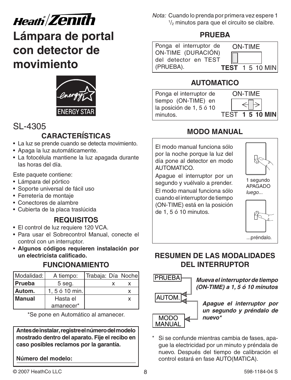 Lámpara de portal con detector de movimiento, Sl-4305 | Heath Zenith SL-4305 User Manual | Page 8 / 24