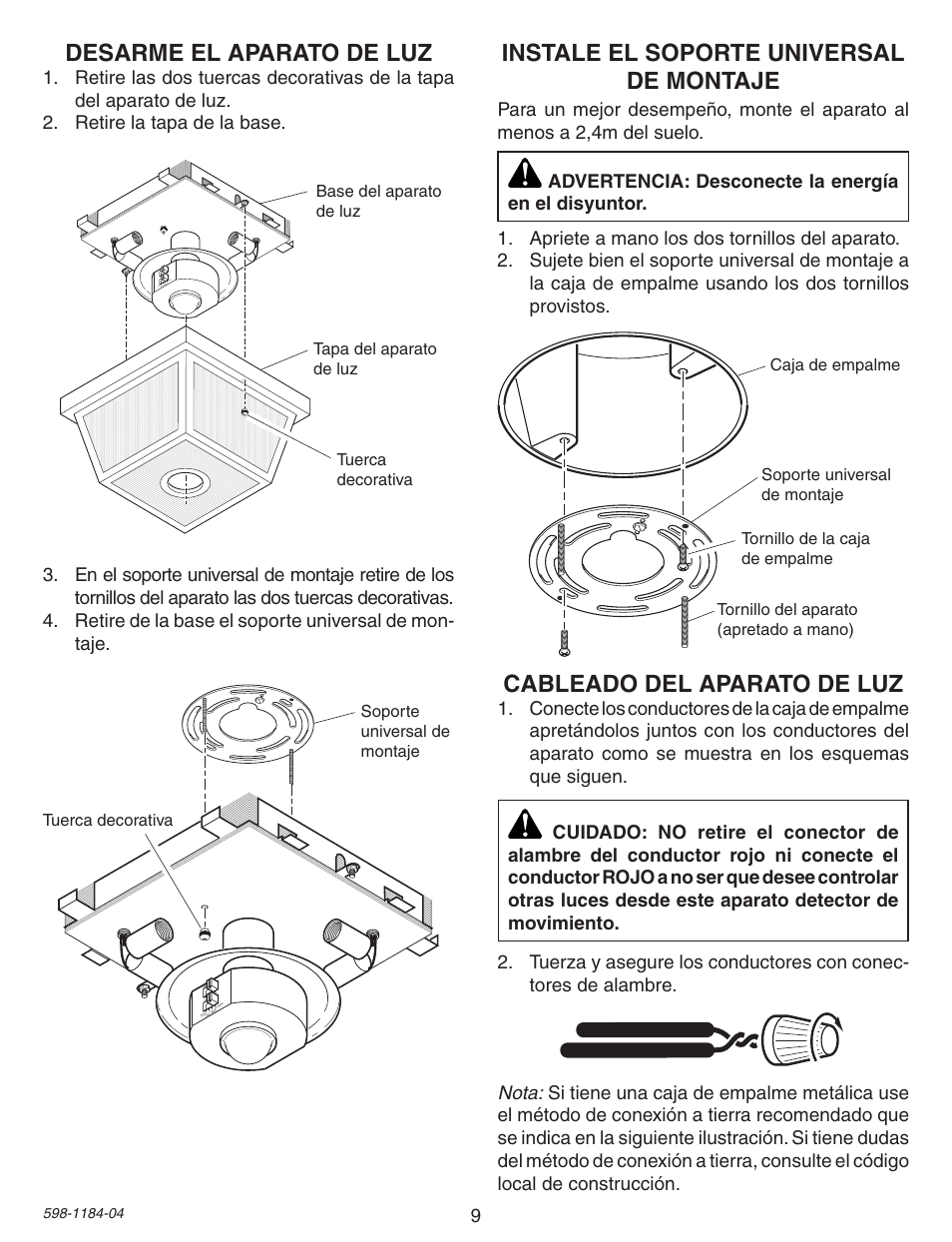 Desarme el aparato de luz, Instale el soporte universal de montaje, Cableado del aparato de luz | Heath Zenith SL-4305 User Manual | Page 9 / 24