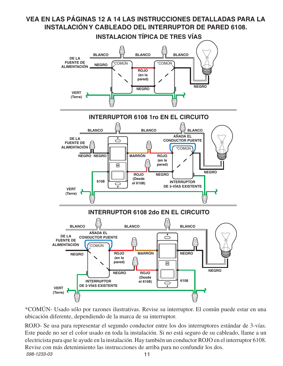 Instalacion típica de tres vías | Heath Zenith Motion Sensor 3-Way Wall Switch 6108 User Manual | Page 11 / 28