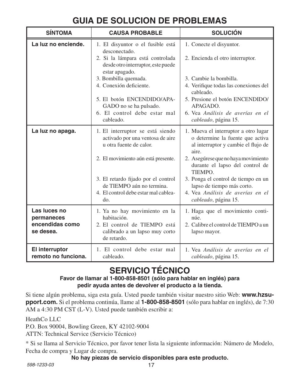 Guia de solucion de problemas, Servicio técnico | Heath Zenith Motion Sensor 3-Way Wall Switch 6108 User Manual | Page 17 / 28