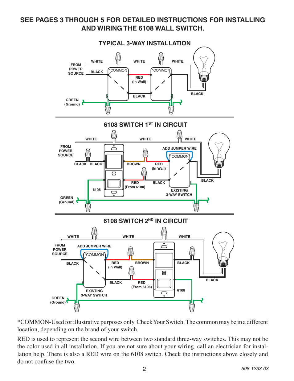 Typical 3-way installation | Heath Zenith Motion Sensor 3-Way Wall Switch 6108 User Manual | Page 2 / 28