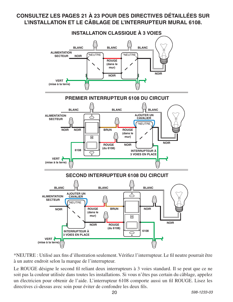 Premier interrupteur 6108 du circuit, Installation classique à 3 voies, Second interrupteur 6108 du circuit | Heath Zenith Motion Sensor 3-Way Wall Switch 6108 User Manual | Page 20 / 28