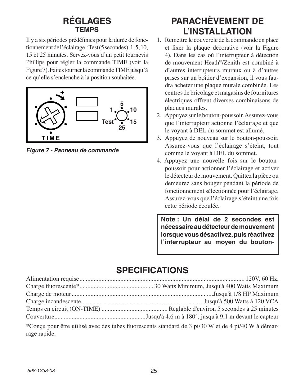 Réglages, Parachèvement de l’installation, Specifications | Heath Zenith Motion Sensor 3-Way Wall Switch 6108 User Manual | Page 25 / 28