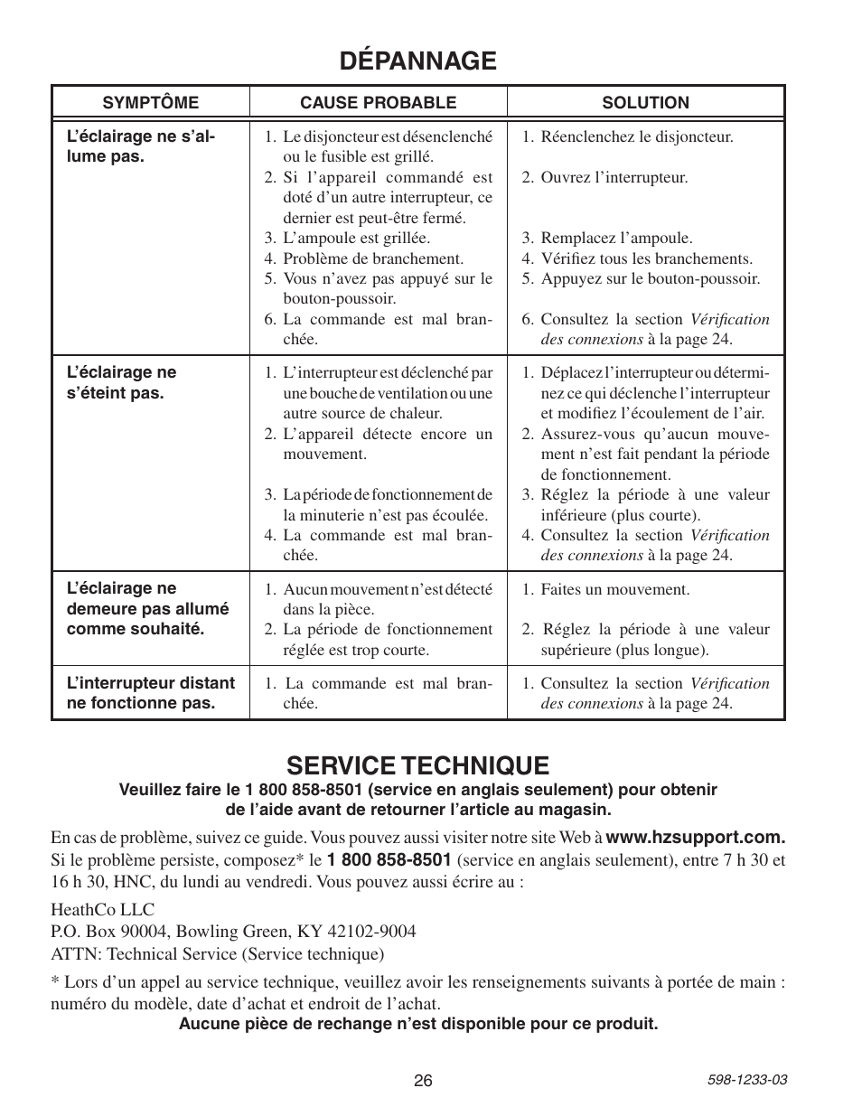 Dépannage service technique | Heath Zenith Motion Sensor 3-Way Wall Switch 6108 User Manual | Page 26 / 28