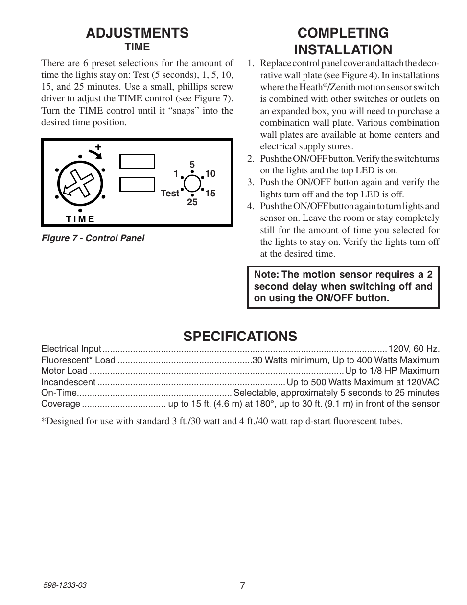 Adjustments, Completing installation, Specifications | Heath Zenith Motion Sensor 3-Way Wall Switch 6108 User Manual | Page 7 / 28