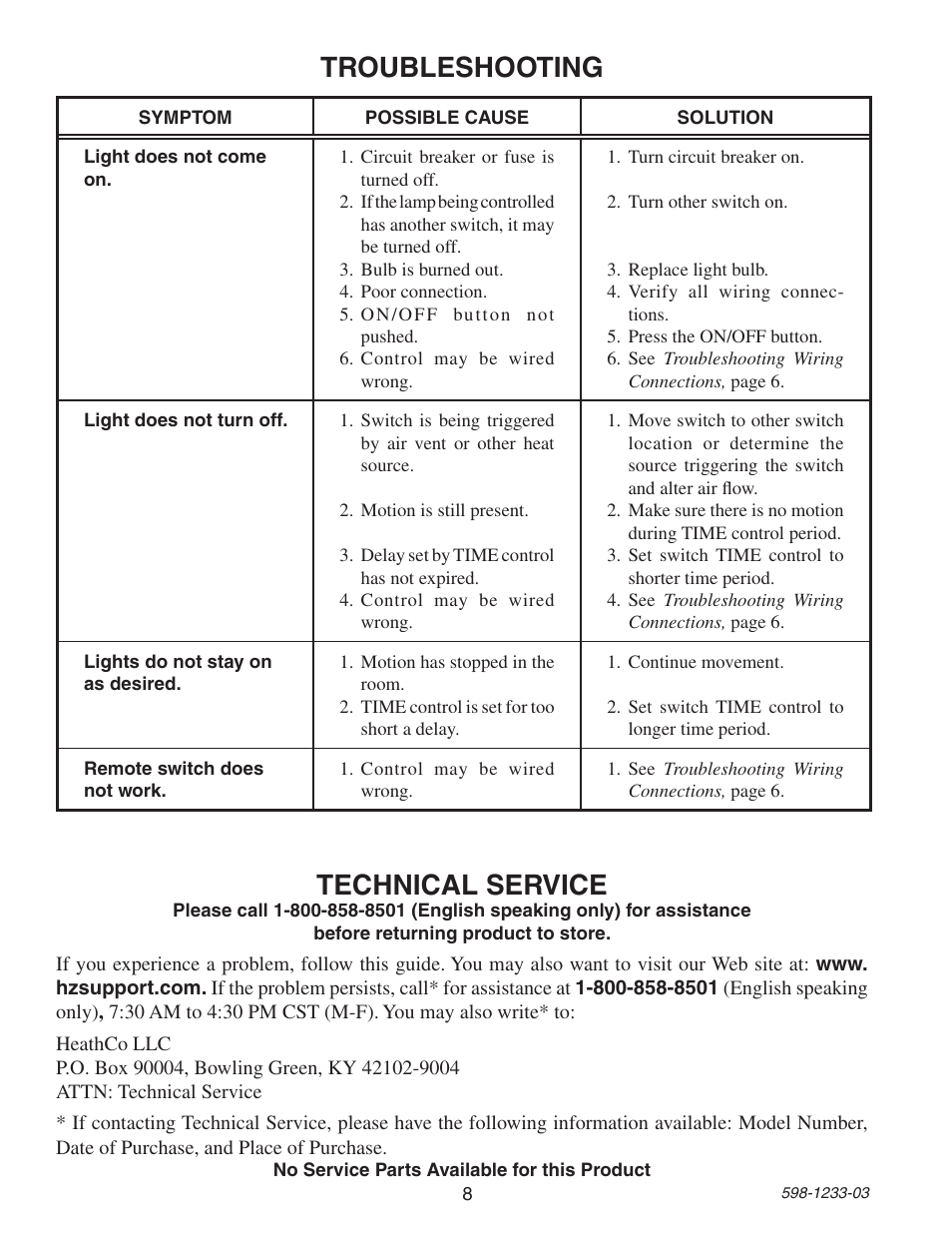 Troubleshooting, Technical service | Heath Zenith Motion Sensor 3-Way Wall Switch 6108 User Manual | Page 8 / 28