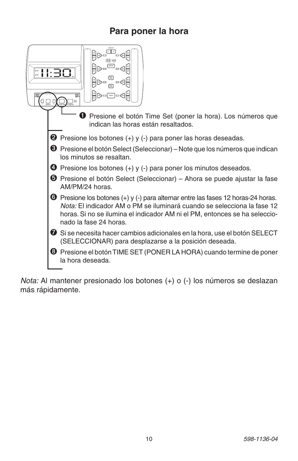 Para poner la hora | Heath Zenith Lighting Control Panel 598-1136-04 User Manual | Page 10 / 24