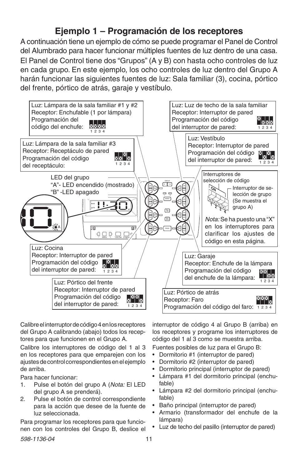 Ejemplo 1 – programación de los receptores, Group a settings group b settings | Heath Zenith Lighting Control Panel 598-1136-04 User Manual | Page 11 / 24