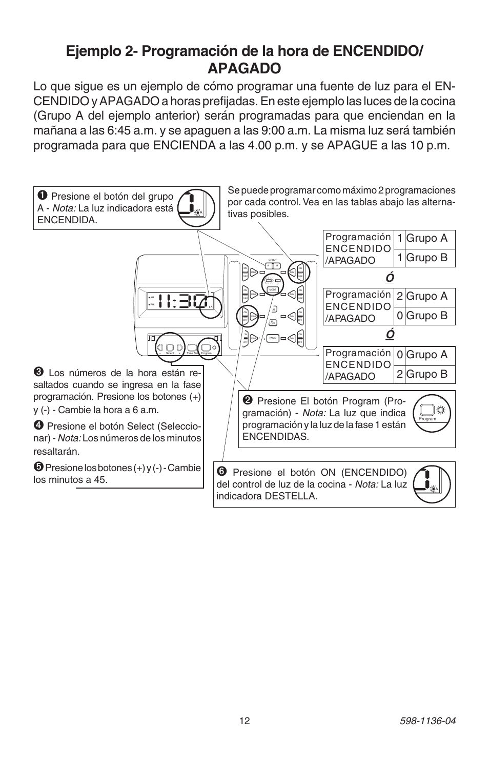 1 grupo a 1 grupo b у у, 2 grupo a 0 grupo b, 0 grupo a 2 grupo b | Programación encendido /apagado | Heath Zenith Lighting Control Panel 598-1136-04 User Manual | Page 12 / 24