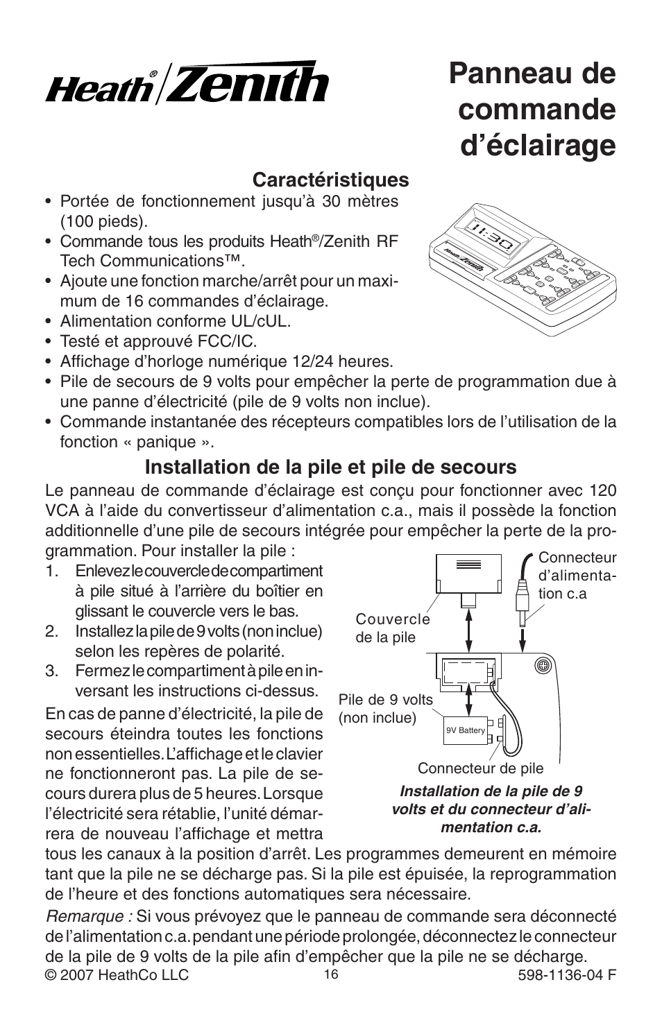 Panneau de commande d’éclairage, Caractéristiques, Installation de la pile et pile de secours | Heath Zenith Lighting Control Panel 598-1136-04 User Manual | Page 16 / 24