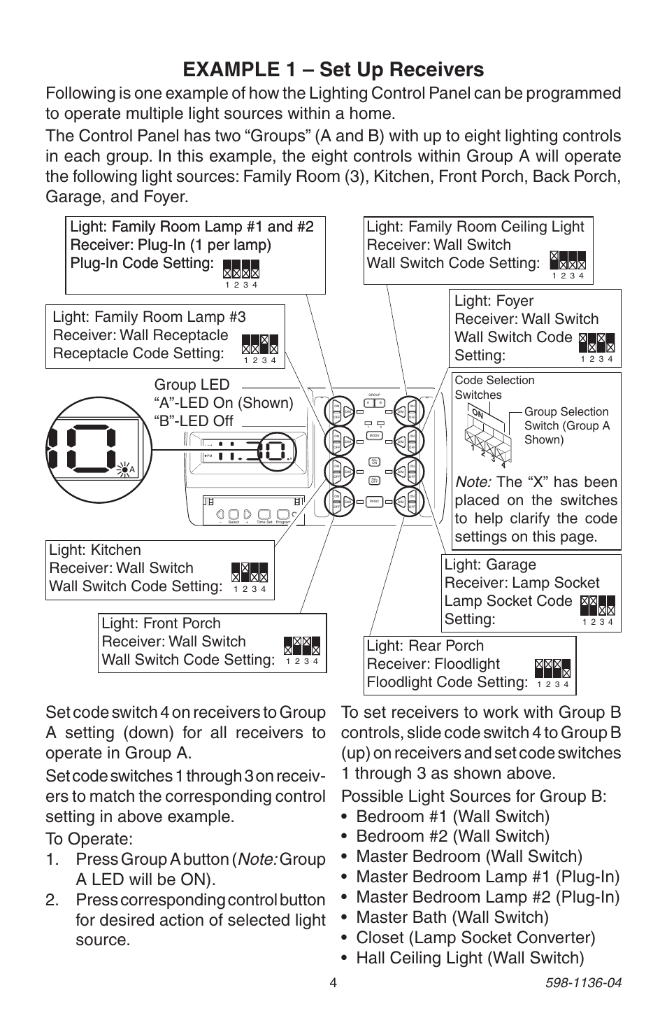 Example 1 – set up receivers, Group led “a”-led on (shown) “b”-led off, Group a settings group b settings | Heath Zenith Lighting Control Panel 598-1136-04 User Manual | Page 4 / 24