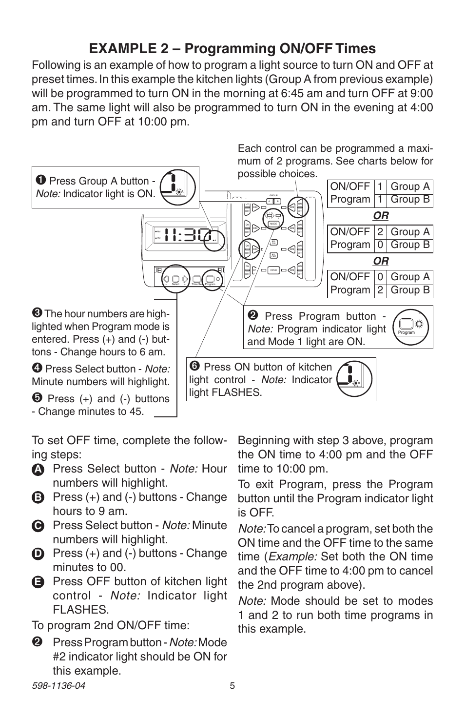 Example 2 – programming on/off times, Press (+) and (-) buttons - change hours to 9 am, Press (+) and (-) buttons - change minutes to 00 | Press (+) and (-) buttons - change minutes to 45 | Heath Zenith Lighting Control Panel 598-1136-04 User Manual | Page 5 / 24