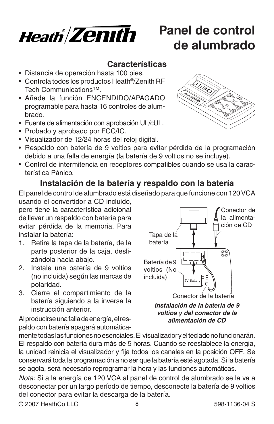 Panel de control de alumbrado, Características | Heath Zenith Lighting Control Panel 598-1136-04 User Manual | Page 8 / 24