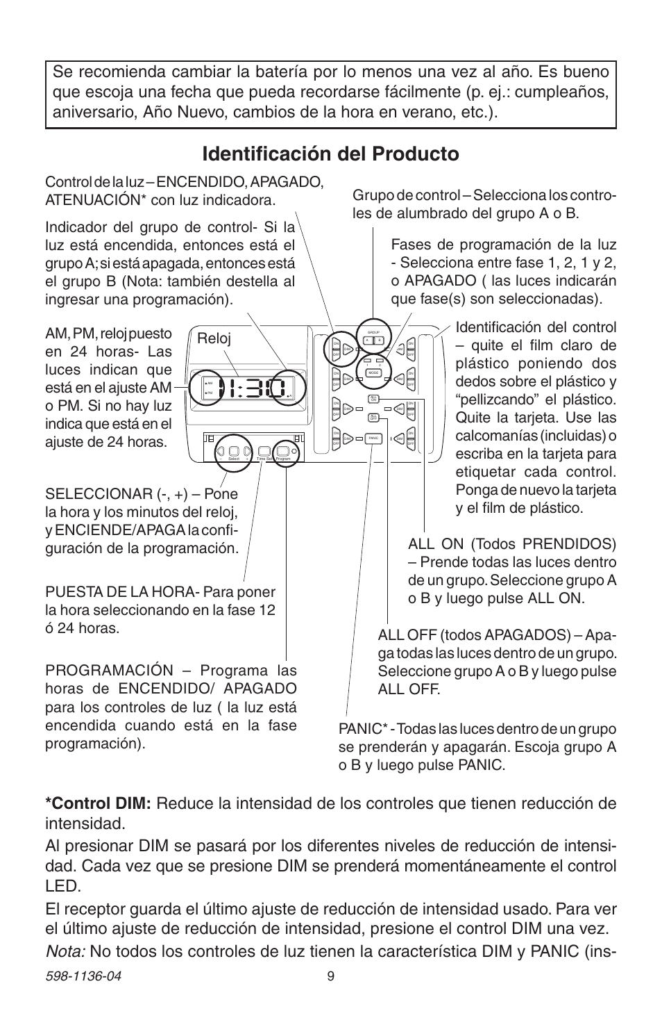 Identificación del producto, Reloj | Heath Zenith Lighting Control Panel 598-1136-04 User Manual | Page 9 / 24