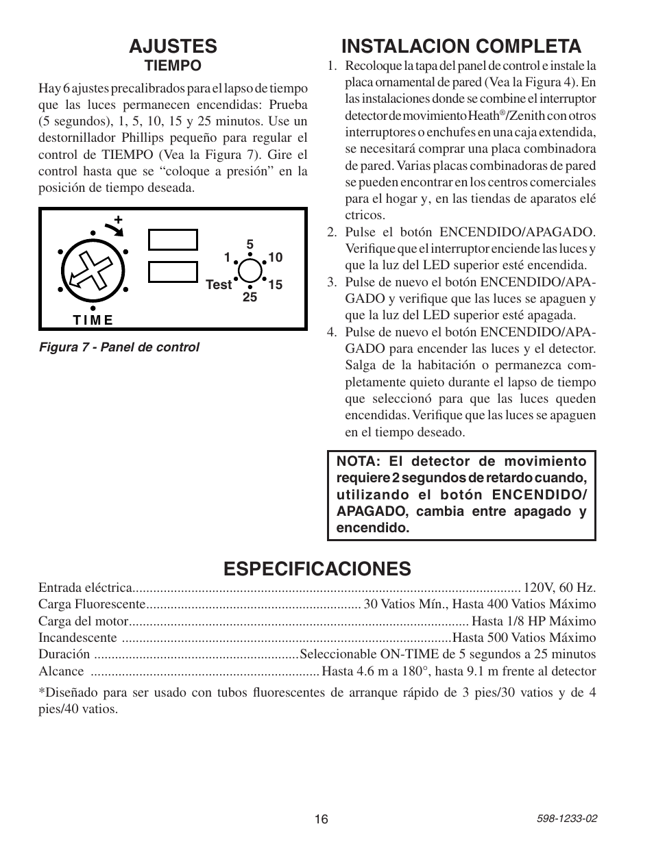 Ajustes, Instalacion completa, Especificaciones | Heath Zenith 6108 User Manual | Page 16 / 28