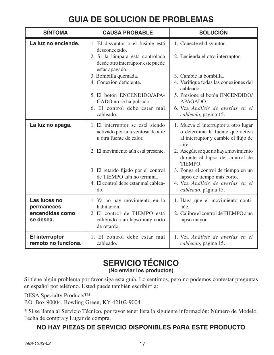 Guia de solucion de problemas servicio técnico | Heath Zenith 6108 User Manual | Page 17 / 28