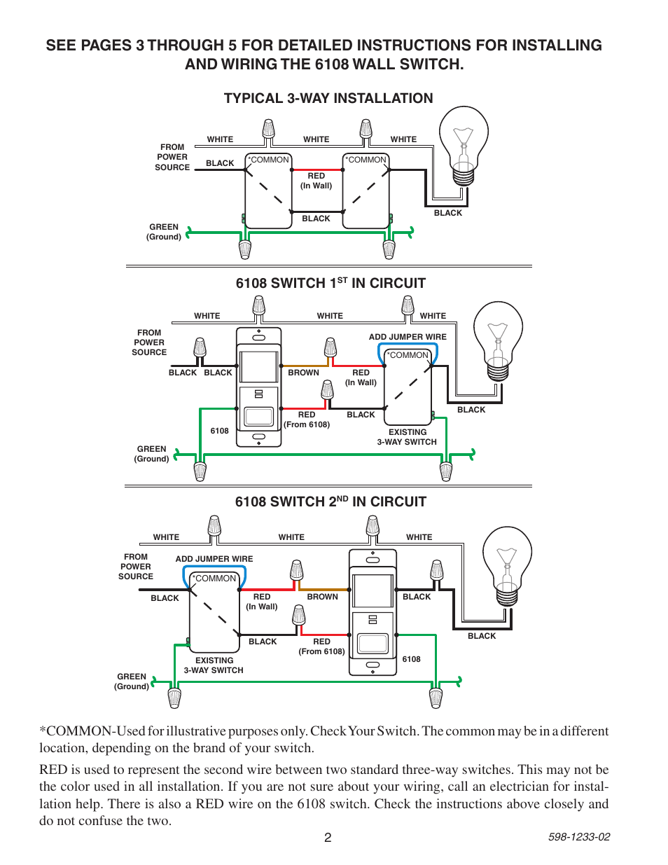 Typical 3-way installation | Heath Zenith 6108 User Manual | Page 2 / 28