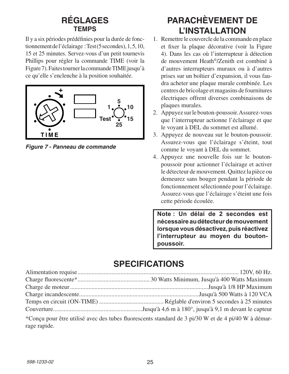 Réglages, Parachèvement de l’installation, Specifications | Heath Zenith 6108 User Manual | Page 25 / 28