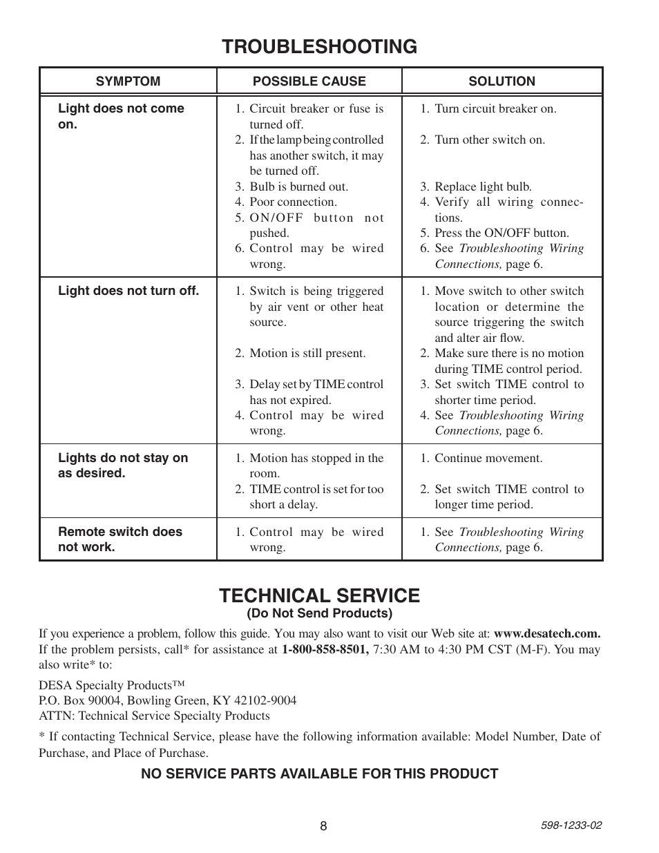 Troubleshooting, Technical service | Heath Zenith 6108 User Manual | Page 8 / 28