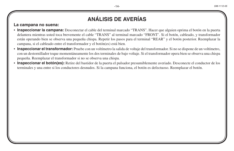 Análisis de averías | Heath Zenith Hardwired Mechanical Chime 598-1112-05 User Manual | Page 14 / 24
