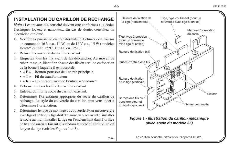Installation du carillon de rechange | Heath Zenith Hardwired Mechanical Chime 598-1112-05 User Manual | Page 18 / 24