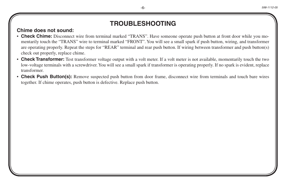 Troubleshooting | Heath Zenith Hardwired Mechanical Chime 598-1112-05 User Manual | Page 6 / 24