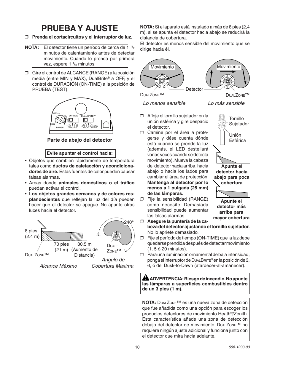 Prueba y ajuste, Angulo de alcance máximo cobertura máxima, Parte de abajo del detector | Lo menos sensible lo más sensible | Heath Zenith UT-5512-BZ User Manual | Page 10 / 20