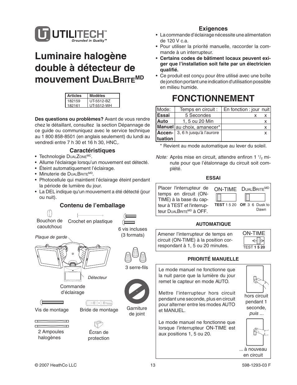 Fonctionnement, Rite | Heath Zenith UT-5512-BZ User Manual | Page 13 / 20