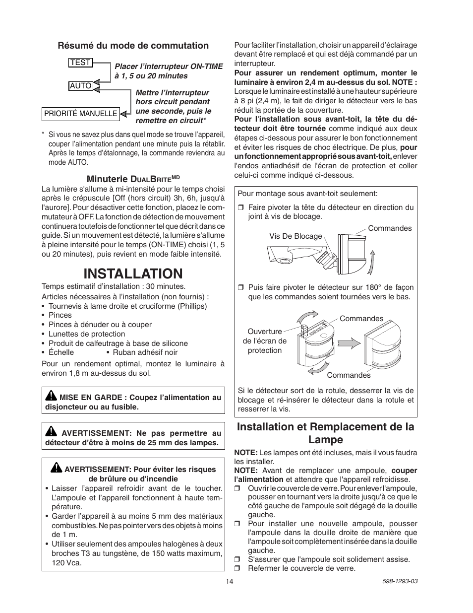 Installation, Installation et remplacement de la lampe | Heath Zenith UT-5512-BZ User Manual | Page 14 / 20
