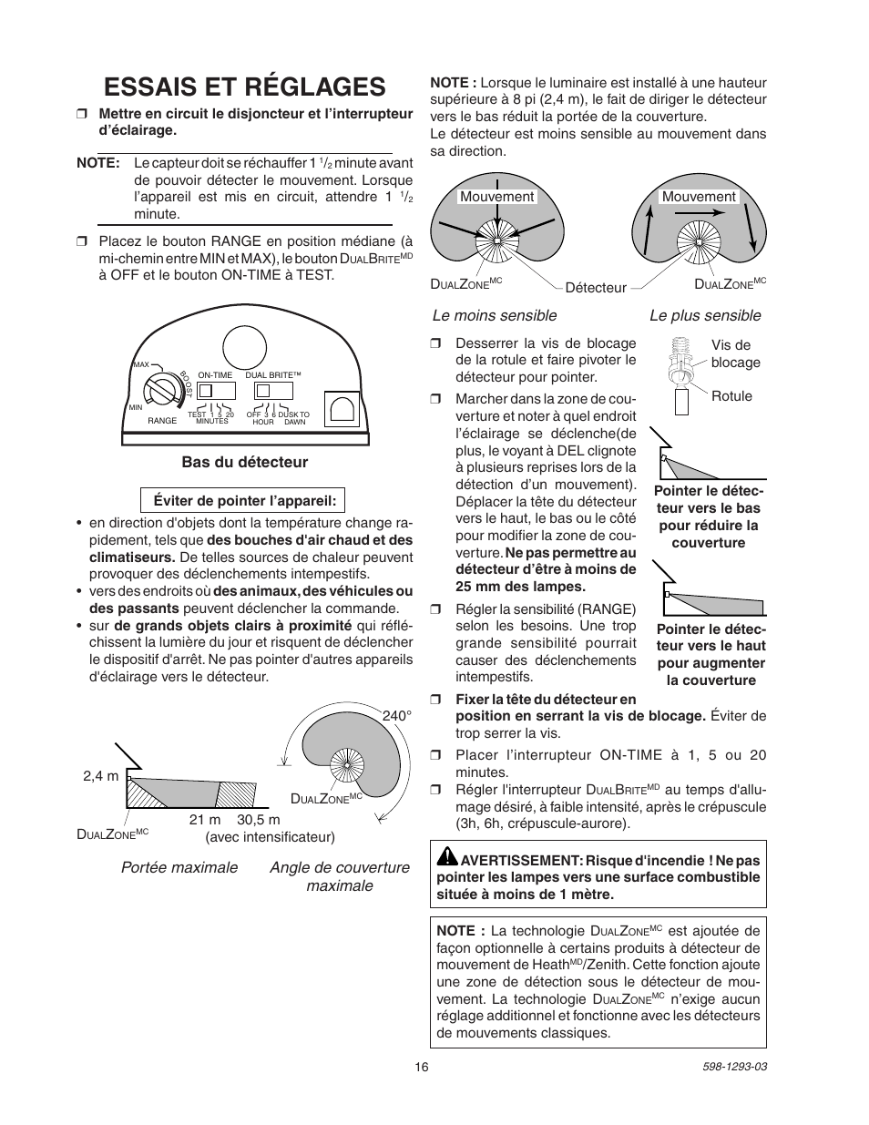 Essais et réglages, Portée maximale angle de couverture maximale, Bas du détecteur | Le moins sensible le plus sensible | Heath Zenith UT-5512-BZ User Manual | Page 16 / 20