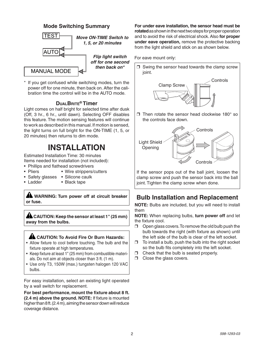 Installation, Bulb installation and replacement, Manual mode auto test | Heath Zenith UT-5512-BZ User Manual | Page 2 / 20