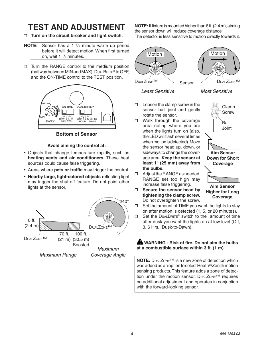 Test and adjustment, Maximum maximum range coverage angle, Motion | Bottom of sensor, Least sensitive most sensitive | Heath Zenith UT-5512-BZ User Manual | Page 4 / 20