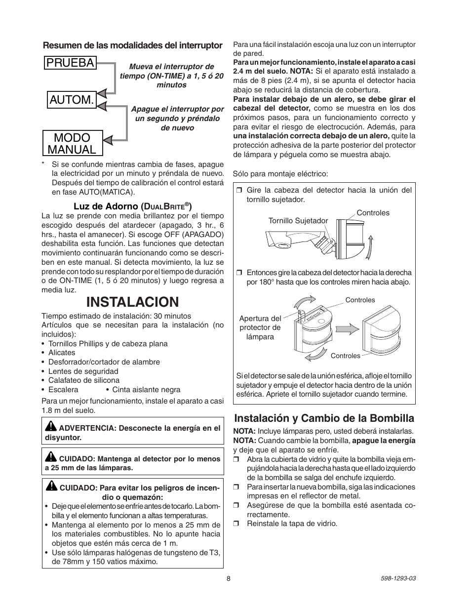 Instalacion, Prueba autom. modo manual, Instalación y cambio de la bombilla | Heath Zenith UT-5512-BZ User Manual | Page 8 / 20