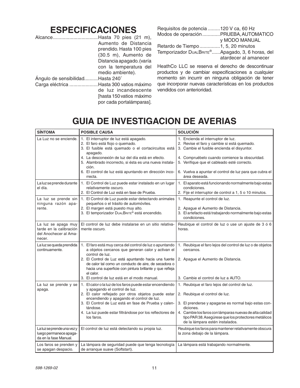 Especificaciones, Guia de investigacion de averias | Heath Zenith 5326 User Manual | Page 11 / 20