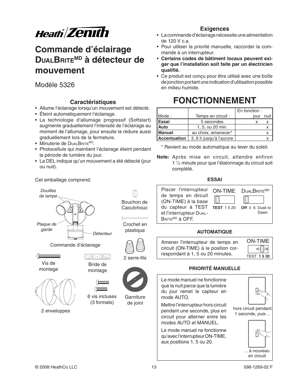 Commande d’éclairage d, À détecteur de mouvement, Fonctionnement | Modèle 5326, Rite | Heath Zenith 5326 User Manual | Page 13 / 20