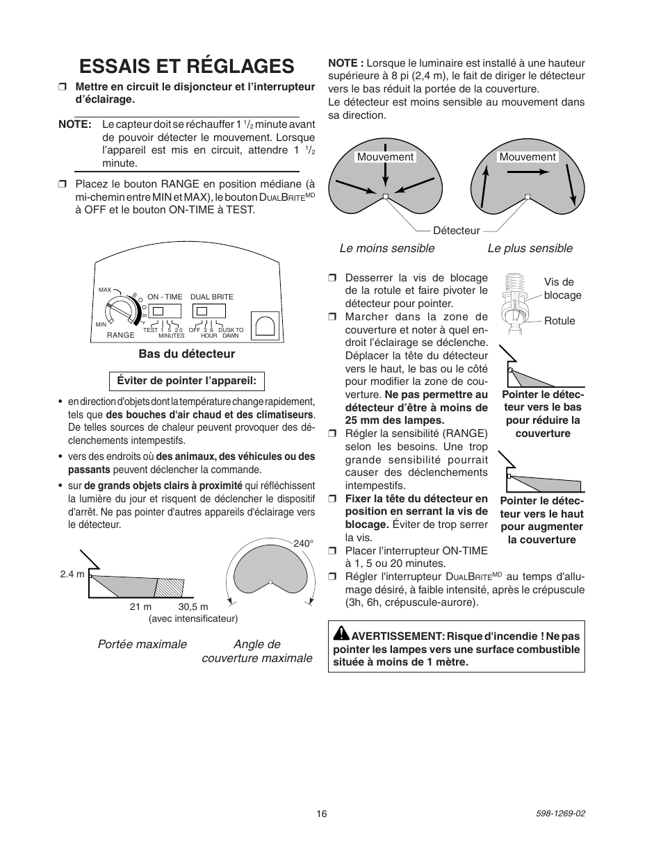 Essais et réglages | Heath Zenith 5326 User Manual | Page 16 / 20