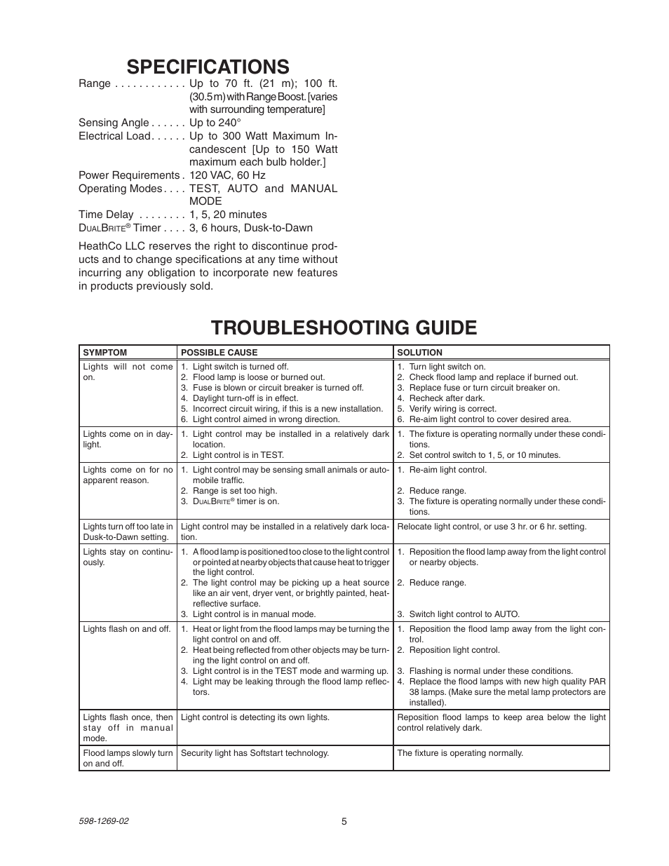 Specifications, Troubleshooting guide | Heath Zenith 5326 User Manual | Page 5 / 20