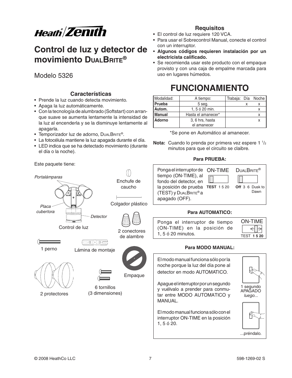 Funcionamiento, Control de luz y detector de movimiento d, Modelo 5326 | Rite | Heath Zenith 5326 User Manual | Page 7 / 20