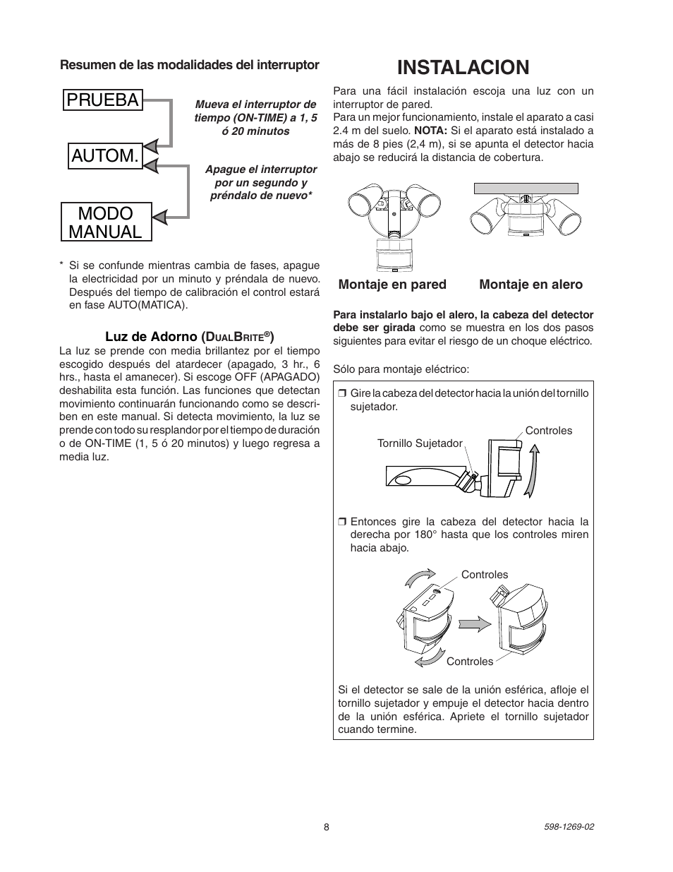 Instalacion, Prueba autom. modo manual | Heath Zenith 5326 User Manual | Page 8 / 20