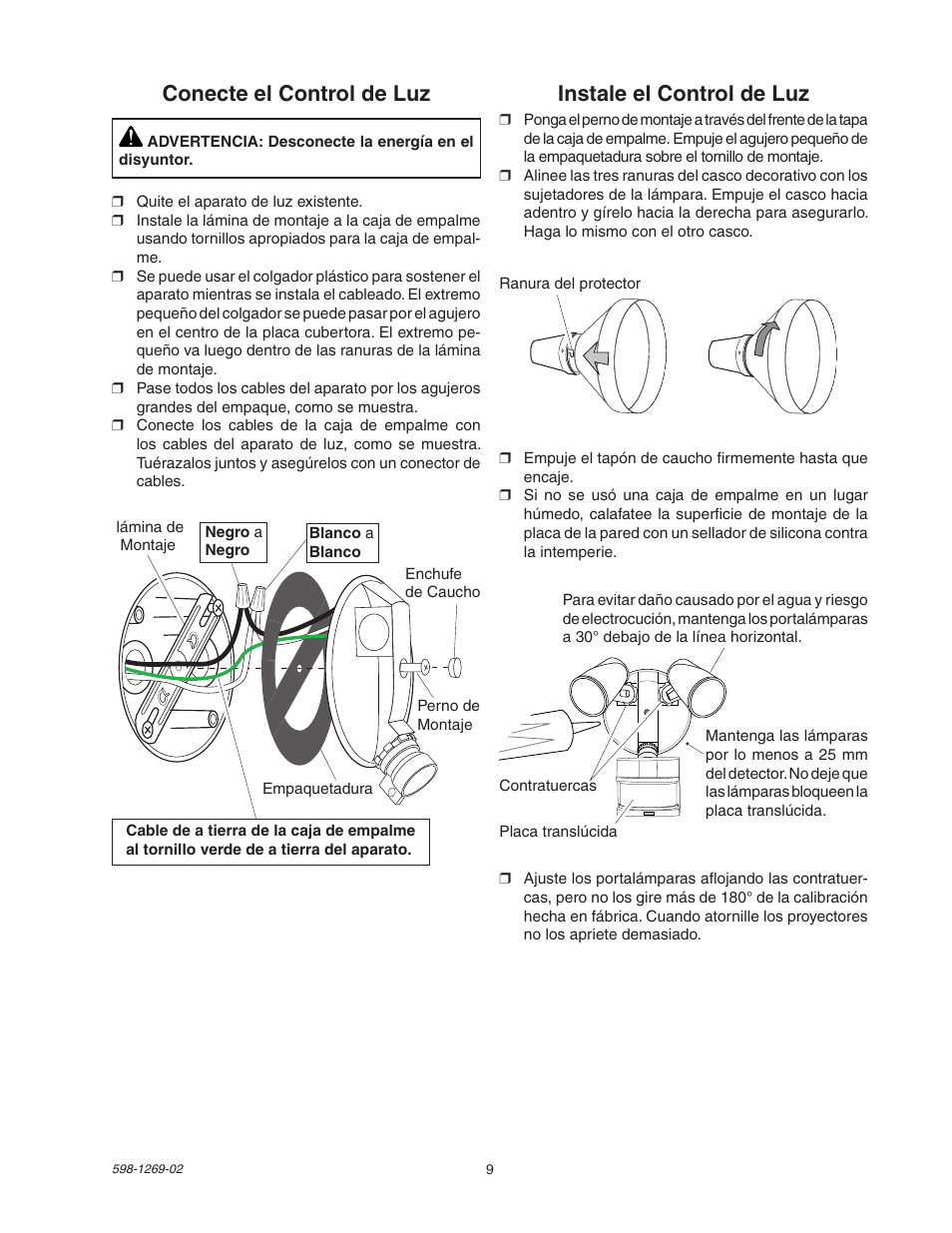 Conecte el control de luz, Instale el control de luz | Heath Zenith 5326 User Manual | Page 9 / 20