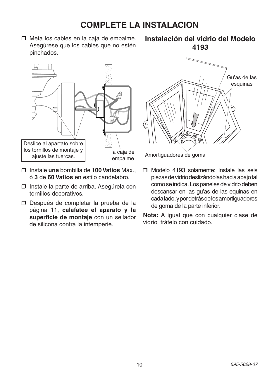 Complete la instalacion, Instalación del vidrio del modelo 4193 | Heath Zenith SL-4190 User Manual | Page 10 / 20