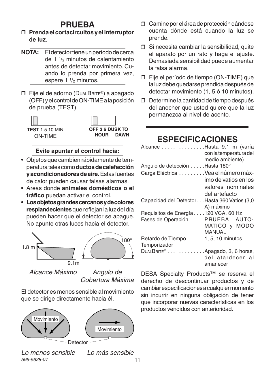Prueba, Especificaciones | Heath Zenith SL-4190 User Manual | Page 11 / 20