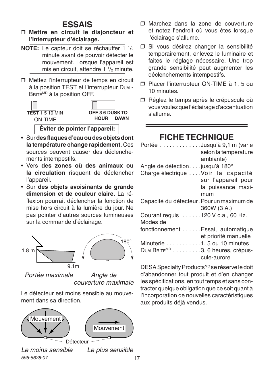 Essais, Fiche technique | Heath Zenith SL-4190 User Manual | Page 17 / 20