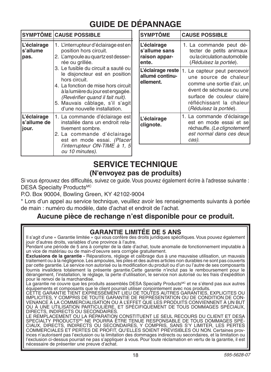 Guide de dépannage service technique, N'envoyez pas de produits), Garantie limitée de 5 ans | Heath Zenith SL-4190 User Manual | Page 18 / 20