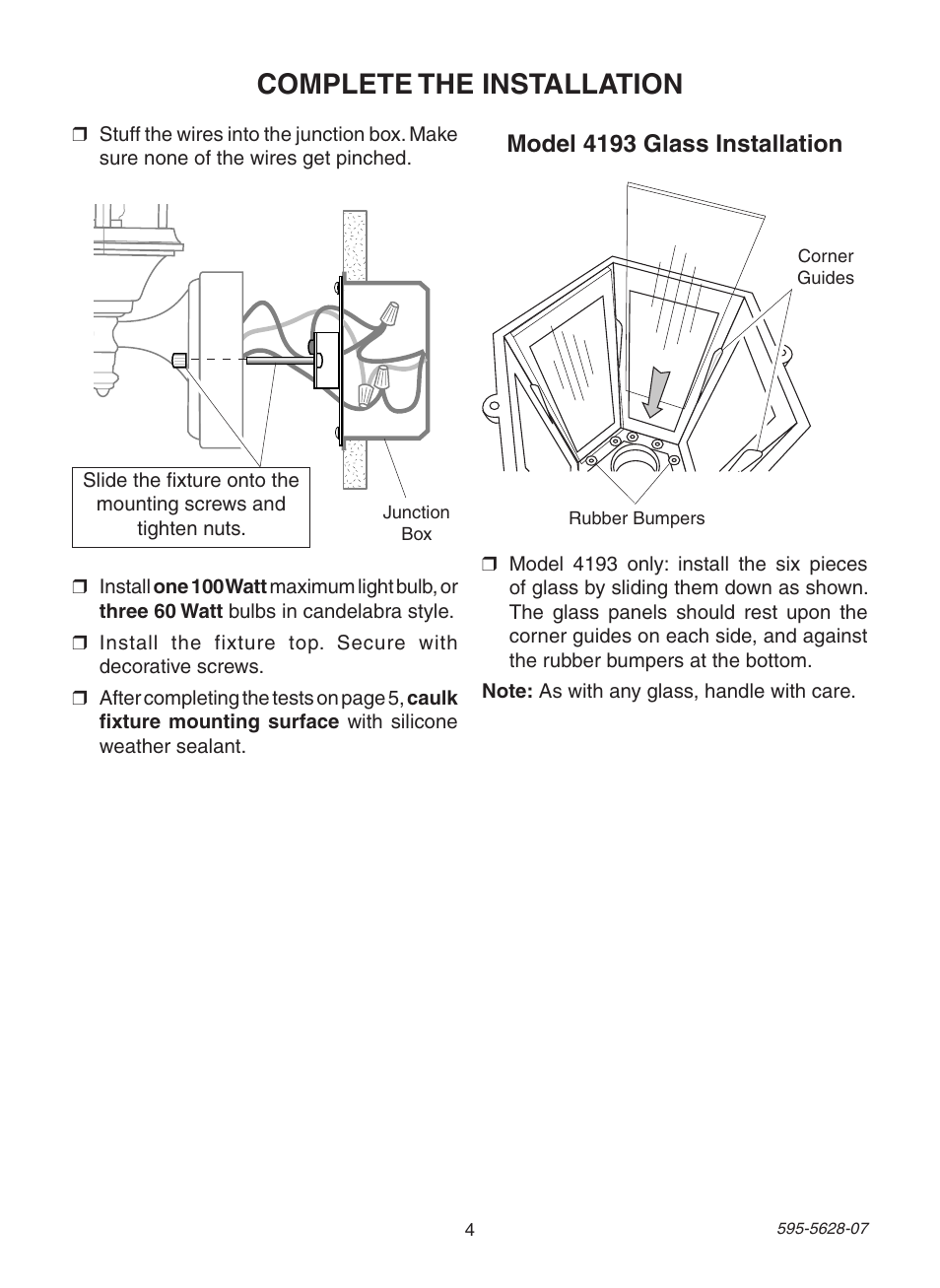 Complete the installation, Model 4193 glass installation | Heath Zenith SL-4190 User Manual | Page 4 / 20