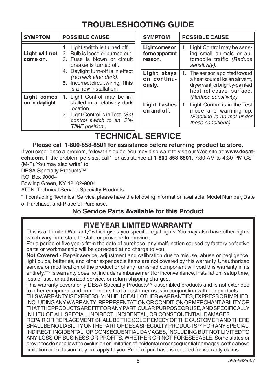 Troubleshooting guide, Technical service, Five year limited warranty | No service parts available for this product | Heath Zenith SL-4190 User Manual | Page 6 / 20