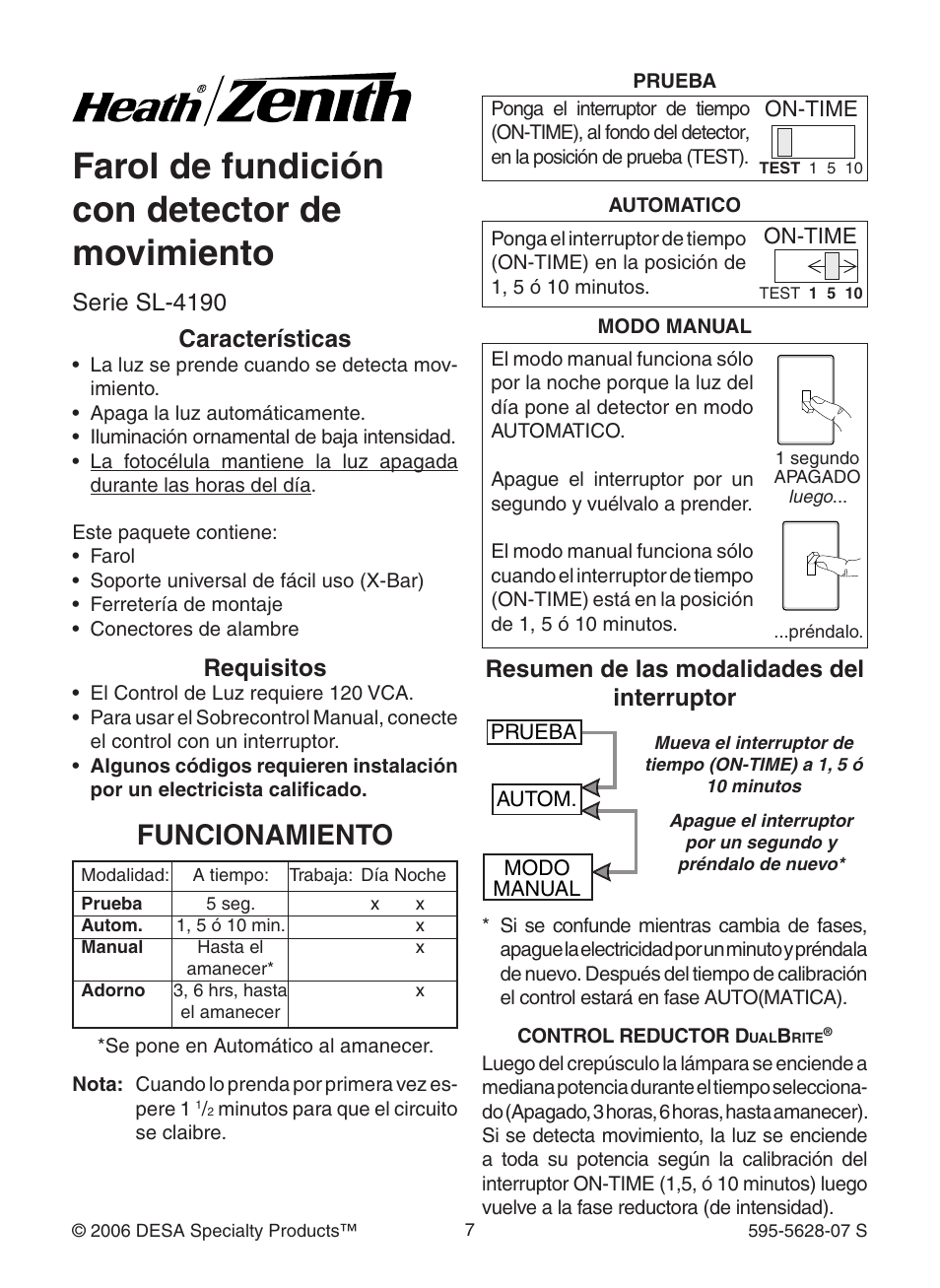 Farol de fundición con detector de movimiento, Funcionamiento, Serie sl-4190 características | Requisitos, Resumen de las modalidades del interruptor | Heath Zenith SL-4190 User Manual | Page 7 / 20