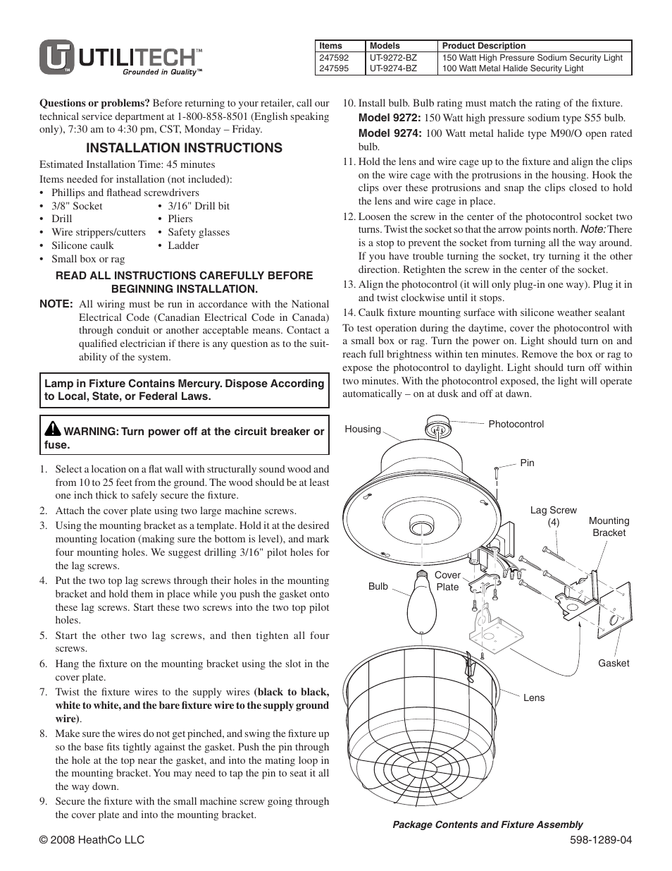 Heath Zenith UTILITECH UT-9272-BZ User Manual | 8 pages