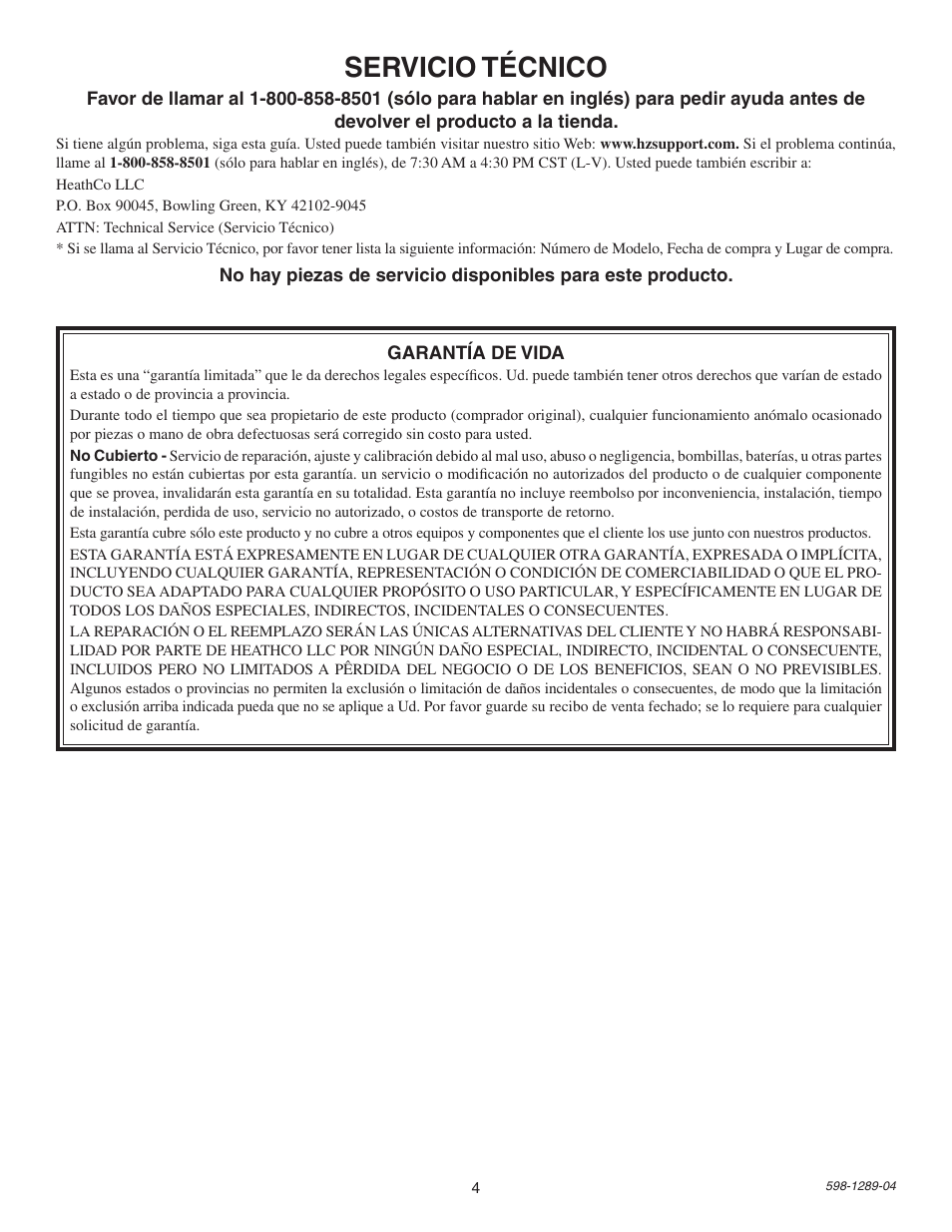 Servicio técnico | Heath Zenith UTILITECH UT-9272-BZ User Manual | Page 4 / 8