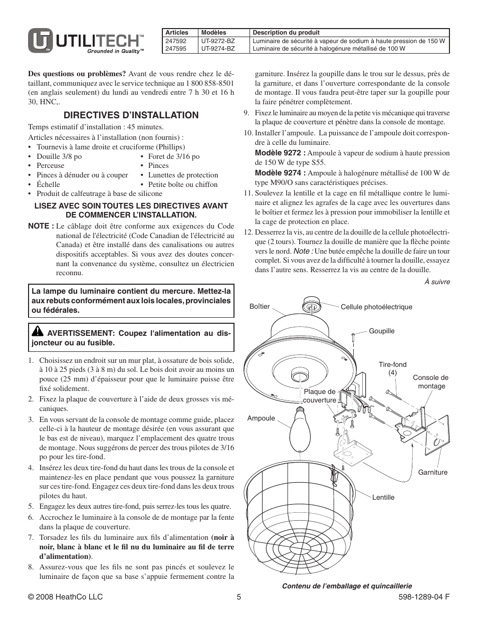 Directives d’installation | Heath Zenith UTILITECH UT-9272-BZ User Manual | Page 5 / 8